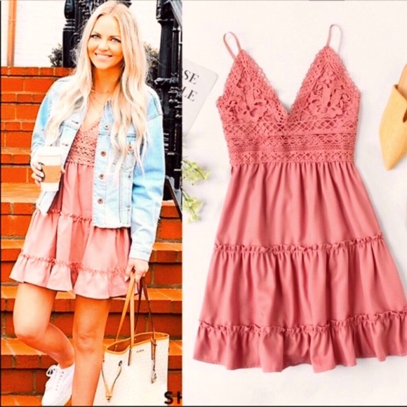 BRIGHT PINK Tiered Sundress Lace Bodice / Back Tie - Picture 5 of 5